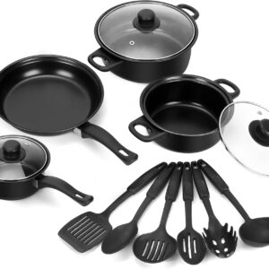 Non-Stick Cookware Set, 13 Piece Set Portable Lightweight Cast Iron Pots and Pans with Glass Lids and Nylon Utensils for Outdoor Camping Picnic Travel Cookware
