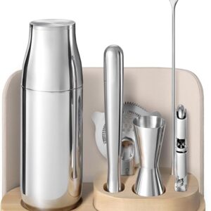 Caraway 9-Piece Complete Bar Set - Cocktail Shaker, Jigger, Muddler, Wine Key, Strainer, Bar Spoon, Storage Organizer, Magnetic Backer - Bartender Accessories - Tools for Home Bartending - Cream