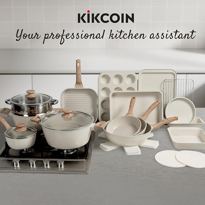 Kikcoin Pots and Pans Set Non Stick 31 Piece Kitchen Nonstick Cooking Cookware Sets with Grill Pan Saucepan Baking Sheet Utensil, Cream White - Image 7