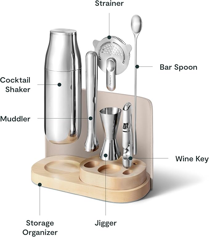 Caraway 9-Piece Complete Bar Set - Cocktail Shaker, Jigger, Muddler, Wine Key, Strainer, Bar Spoon, Storage Organizer, Magnetic Backer - Bartender Accessories - Tools for Home Bartending - Cream - Image 7