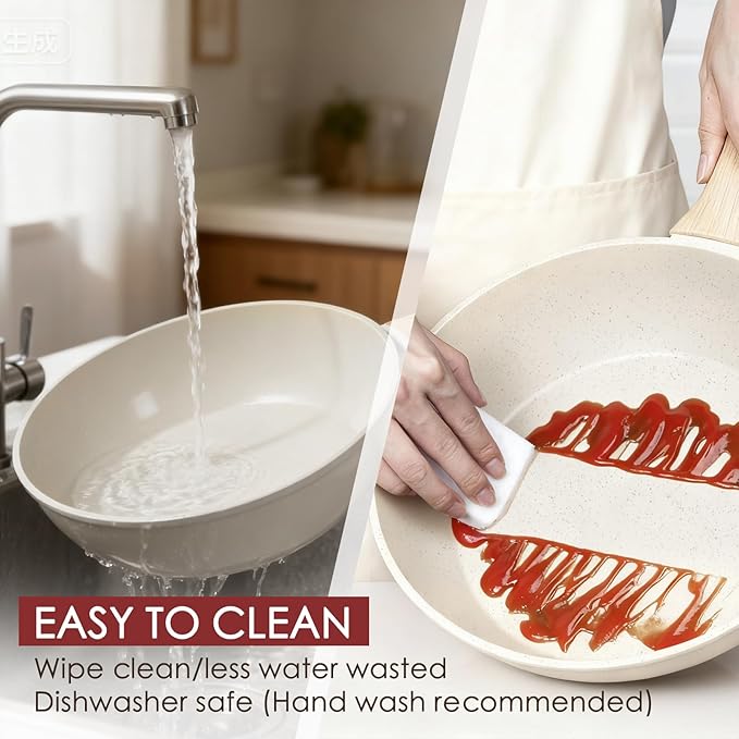 Kikcoin Pots and Pans Set Non Stick 31 Piece Kitchen Nonstick Cooking Cookware Sets with Grill Pan Saucepan Baking Sheet Utensil, Cream White - Image 5