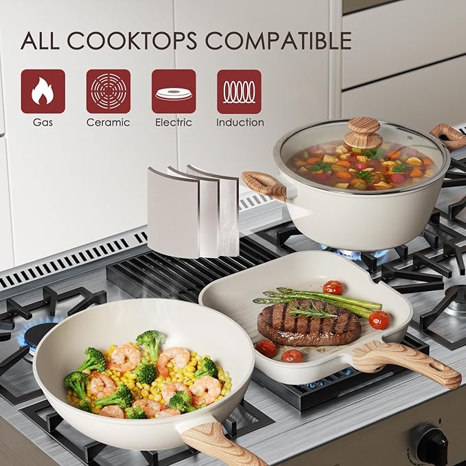 Kikcoin Pots and Pans Set Non Stick 31 Piece Kitchen Nonstick Cooking Cookware Sets with Grill Pan Saucepan Baking Sheet Utensil, Cream White - Image 4