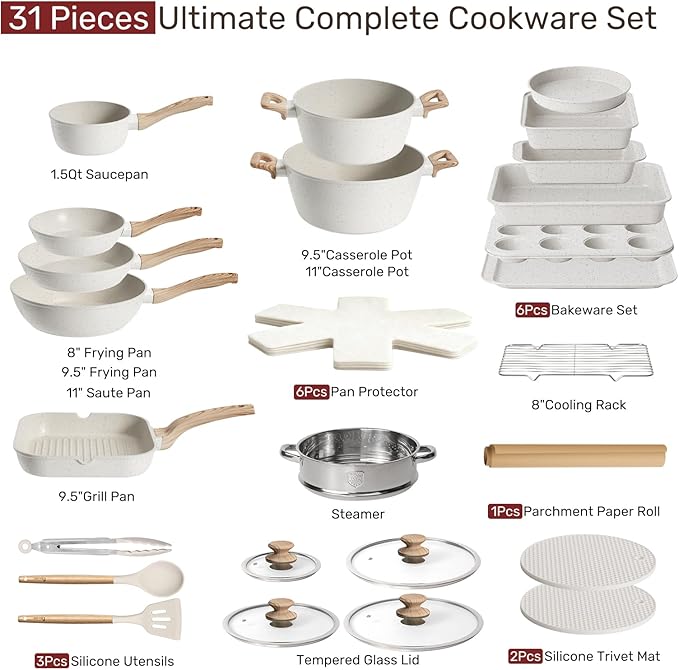 Kikcoin Pots and Pans Set Non Stick 31 Piece Kitchen Nonstick Cooking Cookware Sets with Grill Pan Saucepan Baking Sheet Utensil, Cream White - Image 2
