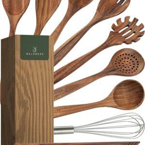 WALDWERK Wooden Spoons for Cooking – 9-Piece Kitchen Utensils Set with Spatula, Tongs, Whisk, Wooden Spoons & Pasta Server – Wooden Utensil Set – Utensil Sets - Cooking Utensils - Non Toxic
