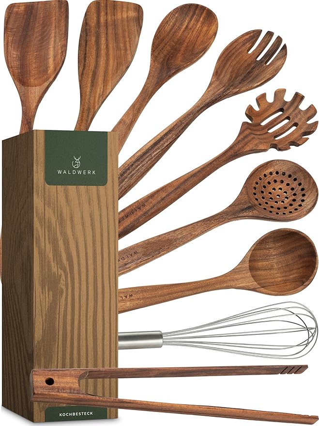 WALDWERK Wooden Spoons for Cooking – 9-Piece Kitchen Utensils Set with Spatula, Tongs, Whisk, Wooden Spoons & Pasta Server – Wooden Utensil Set – Utensil Sets - Cooking Utensils - Non Toxic