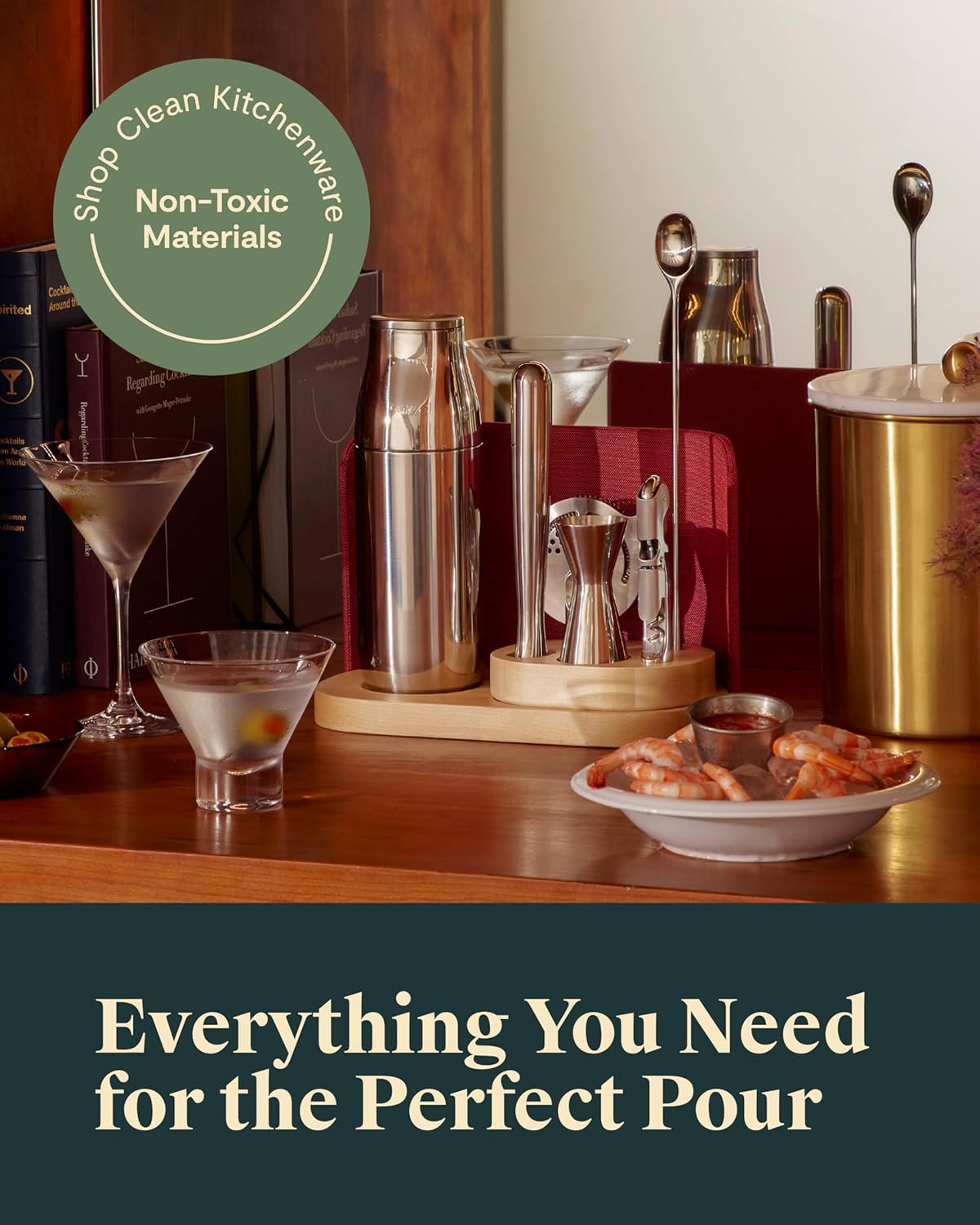 Caraway 9-Piece Complete Bar Set - Cocktail Shaker, Jigger, Muddler, Wine Key, Strainer, Bar Spoon, Storage Organizer, Magnetic Backer - Bartender Accessories - Tools for Home Bartending - Cream - Image 3