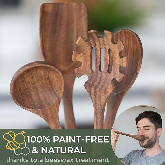 WALDWERK Wooden Spoons for Cooking – 9-Piece Kitchen Utensils Set with Spatula, Tongs, Whisk, Wooden Spoons & Pasta Server – Wooden Utensil Set – Utensil Sets - Cooking Utensils - Non Toxic - Image 6