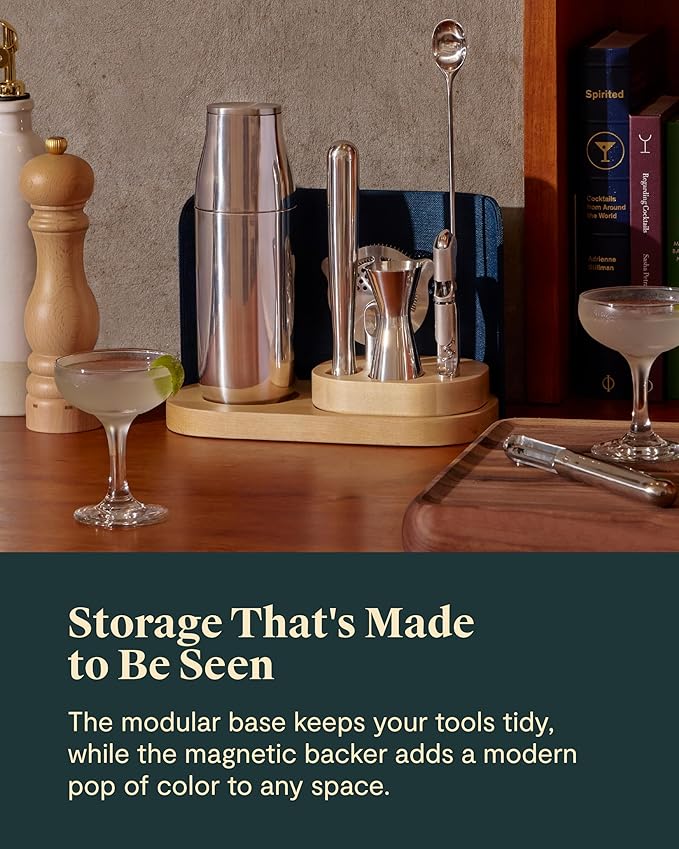 Caraway 9-Piece Complete Bar Set - Cocktail Shaker, Jigger, Muddler, Wine Key, Strainer, Bar Spoon, Storage Organizer, Magnetic Backer - Bartender Accessories - Tools for Home Bartending - Cream - Image 5