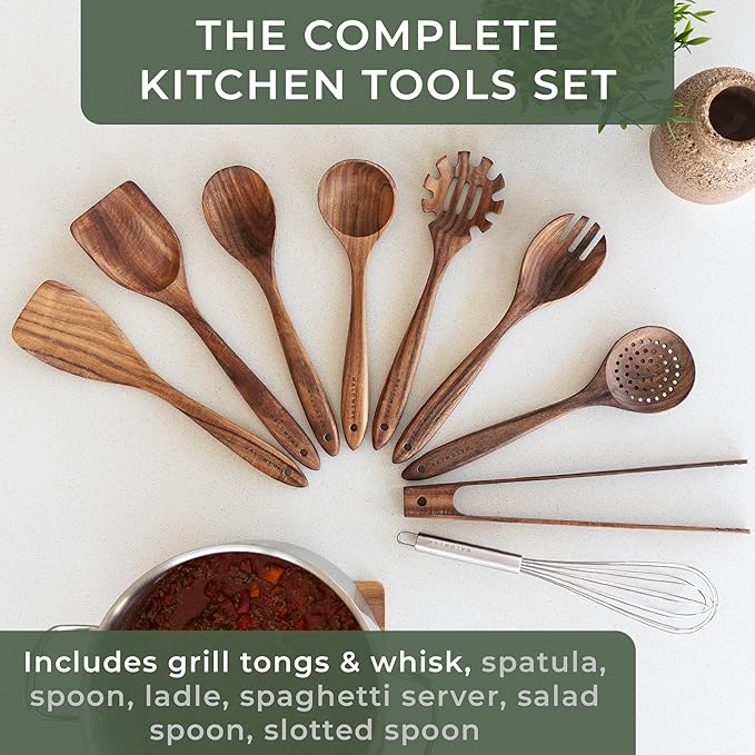 WALDWERK Wooden Spoons for Cooking – 9-Piece Kitchen Utensils Set with Spatula, Tongs, Whisk, Wooden Spoons & Pasta Server – Wooden Utensil Set – Utensil Sets - Cooking Utensils - Non Toxic - Image 5