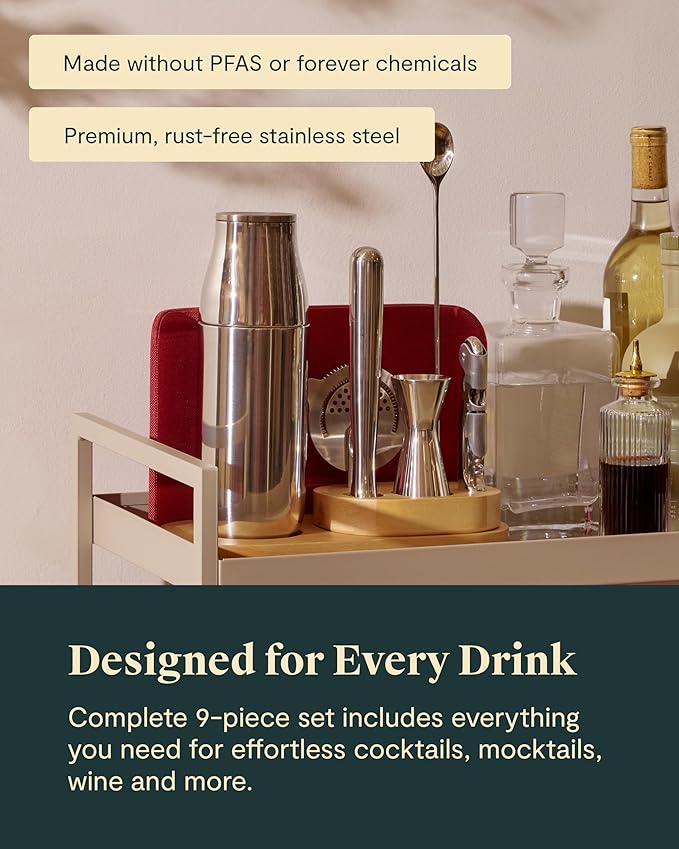 Caraway 9-Piece Complete Bar Set - Cocktail Shaker, Jigger, Muddler, Wine Key, Strainer, Bar Spoon, Storage Organizer, Magnetic Backer - Bartender Accessories - Tools for Home Bartending - Cream - Image 6